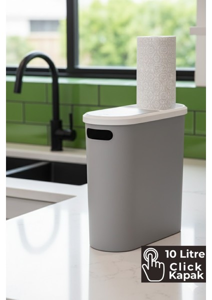 10 Litre Click Kapak Çöp Kovası, Banyo Çöp Kovası, Mutfak Çöp Kovası, Slim Çöp Kovası "Gri"
