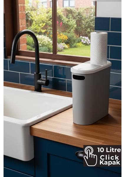 10 Litre Click Kapak Çöp Kovası, Banyo Çöp Kovası, Mutfak Çöp Kovası, Slim Çöp Kovası "Gri"