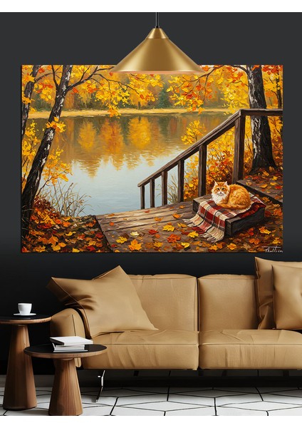 Sonbahar Göl Manzarasında Piknik Sepeti ve Kedi Dekoratif Kanvas - Mdf Ahşap Tablo