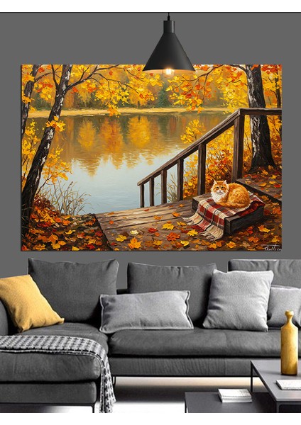 Sonbahar Göl Manzarasında Piknik Sepeti ve Kedi Dekoratif Kanvas - Mdf Ahşap Tablo fiyatları
