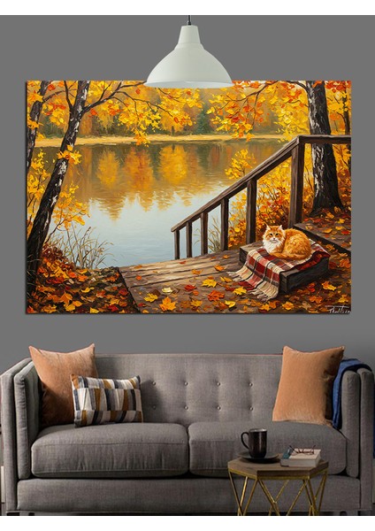Sonbahar Göl Manzarasında Piknik Sepeti ve Kedi Dekoratif Kanvas - Mdf Ahşap Tablo modelleri