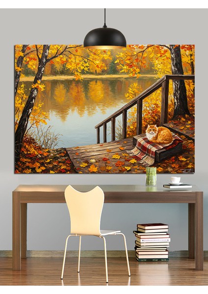 Sonbahar Göl Manzarasında Piknik Sepeti ve Kedi Dekoratif Kanvas - Mdf Ahşap Tablo fırsatları