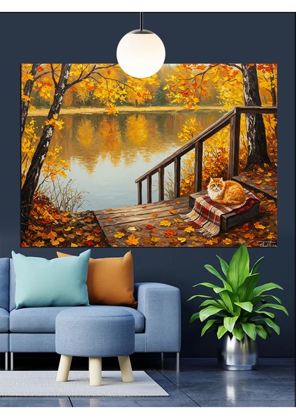 Sonbahar Göl Manzarasında Piknik Sepeti ve Kedi Dekoratif Kanvas - Mdf Ahşap Tablo indirimleri