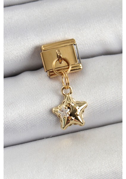 316L Çelik Sallantılı Zirkon Taşlı Yıldız Model Gold Renk Nomination Charm