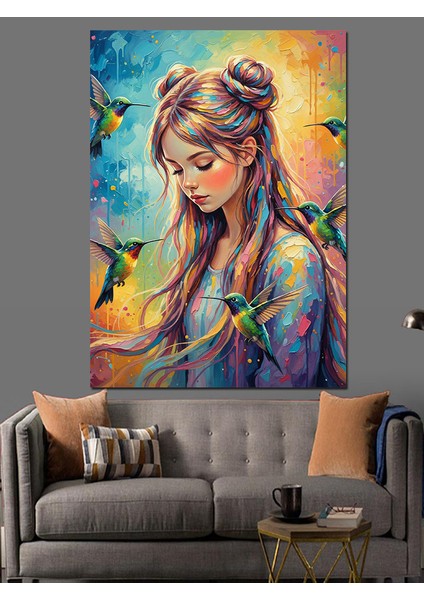 Pastel Renkli Oturan Kadın ve Arı Kuşları Dekoratif Kanvas - Mdf Ahşap Tablo fiyatları