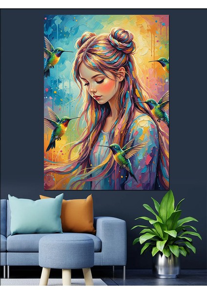 Pastel Renkli Oturan Kadın ve Arı Kuşları Dekoratif Kanvas - Mdf Ahşap Tablo modelleri