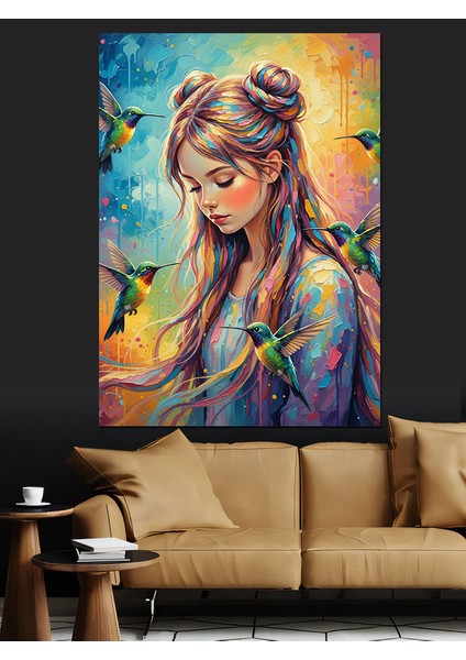 Pastel Renkli Oturan Kadın ve Arı Kuşları Dekoratif Kanvas - Mdf Ahşap Tablo fırsatları