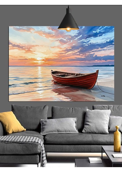 Denizde Kırmızı Sandal Gün Batımı Dekoratif Kanvas - Mdf Ahşap Tablo