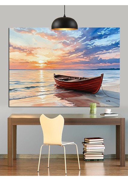 Denizde Kırmızı Sandal Gün Batımı Dekoratif Kanvas - Mdf Ahşap Tablo modelleri