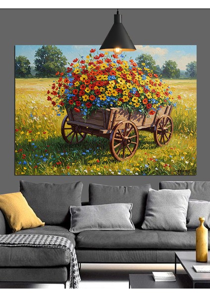 Çiçekli El Arabası Kırsal Manzara Dekoratif Kanvas - Mdf Ahşap Tablo