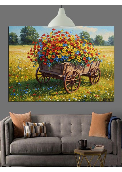 Çiçekli El Arabası Kırsal Manzara Dekoratif Kanvas - Mdf Ahşap Tablo fiyatları