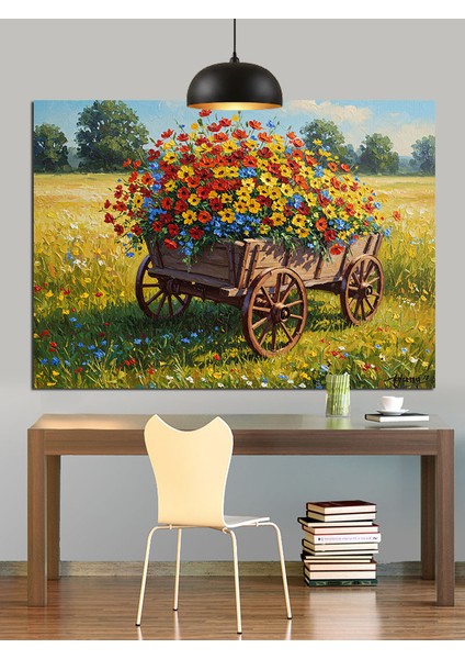 Çiçekli El Arabası Kırsal Manzara Dekoratif Kanvas - Mdf Ahşap Tablo modelleri