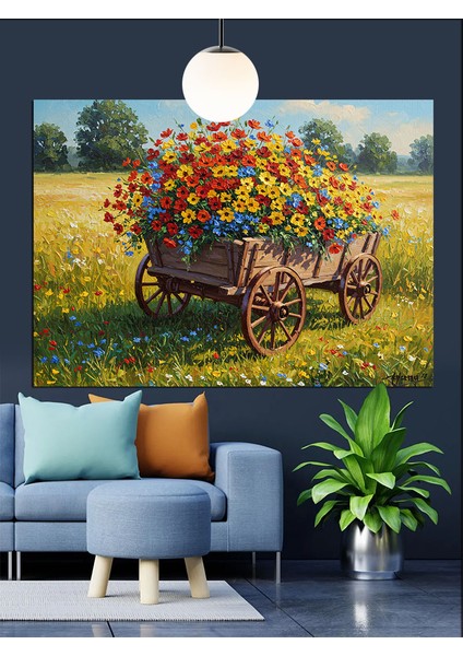 Çiçekli El Arabası Kırsal Manzara Dekoratif Kanvas - Mdf Ahşap Tablo fırsatları