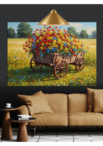 Çiçekli El Arabası Kırsal Manzara Dekoratif Kanvas - Mdf Ahşap Tablo indirimleri