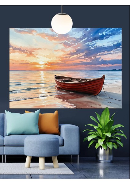 Denizde Kırmızı Sandal Gün Batımı Dekoratif Kanvas - Mdf Ahşap Tablo fırsatları