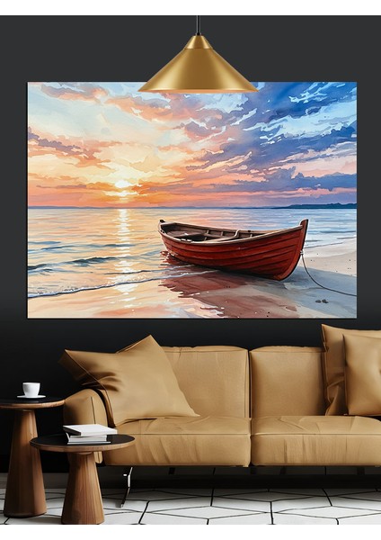 Denizde Kırmızı Sandal Gün Batımı Dekoratif Kanvas - Mdf Ahşap Tablo indirimleri