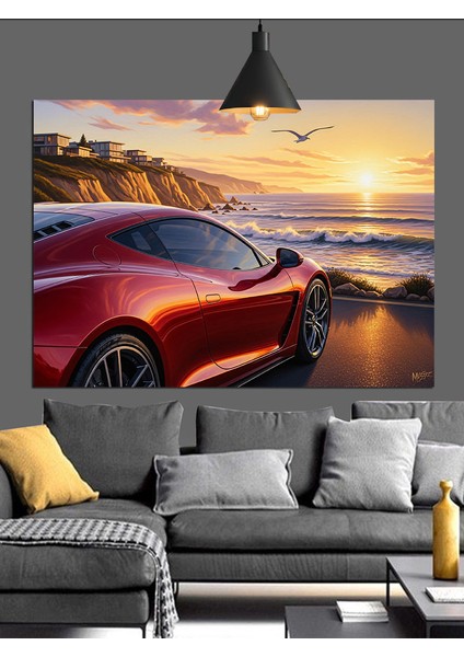 Kırmızı Spor Araba Gün Batımı Dekoratif Kanvas - Mdf Ahşap Tablo