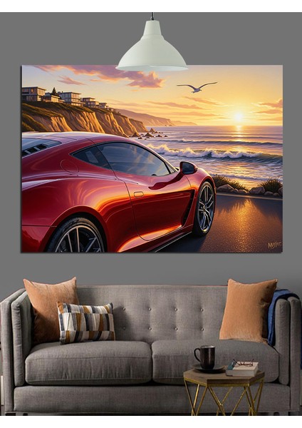 Kırmızı Spor Araba Gün Batımı Dekoratif Kanvas - Mdf Ahşap Tablo fiyatları