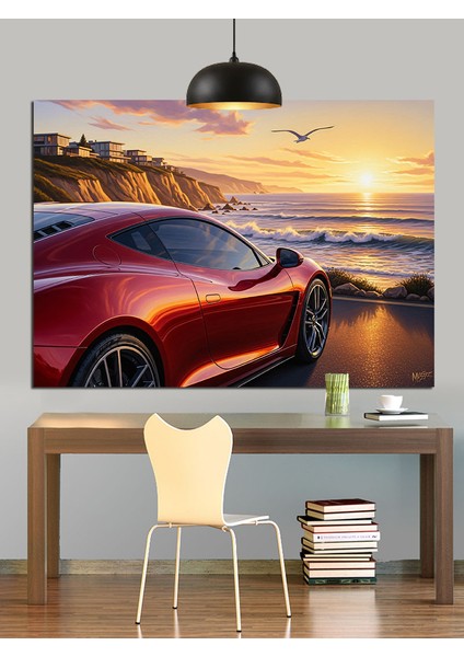 Kırmızı Spor Araba Gün Batımı Dekoratif Kanvas - Mdf Ahşap Tablo modelleri
