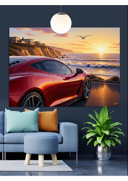 Kırmızı Spor Araba Gün Batımı Dekoratif Kanvas - Mdf Ahşap Tablo fırsatları