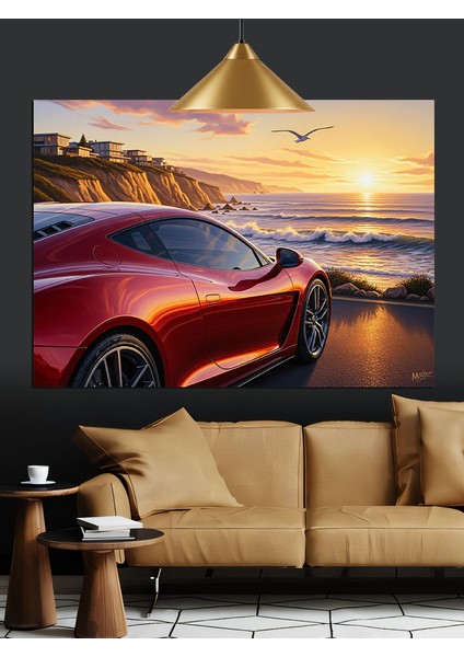 Kırmızı Spor Araba Gün Batımı Dekoratif Kanvas - Mdf Ahşap Tablo indirimleri