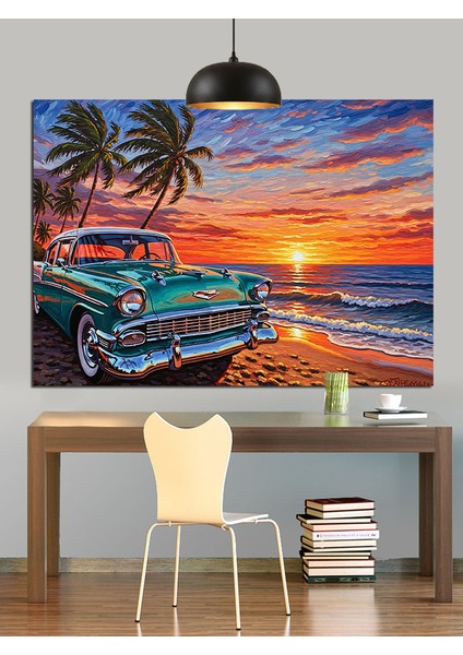 Klasik Mavi Araba Plaj Yolu Dekoratif Kanvas - Mdf Ahşap Tablo