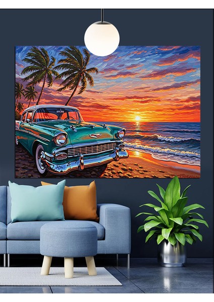 Klasik Mavi Araba Plaj Yolu Dekoratif Kanvas - Mdf Ahşap Tablo fiyatları