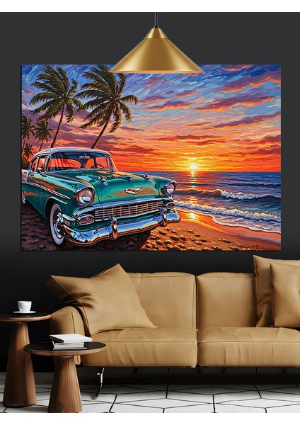 Klasik Mavi Araba Plaj Yolu Dekoratif Kanvas - Mdf Ahşap Tablo modelleri