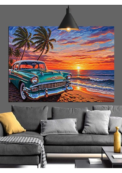 Klasik Mavi Araba Plaj Yolu Dekoratif Kanvas - Mdf Ahşap Tablo fırsatları