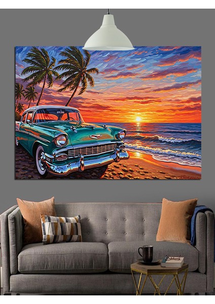Klasik Mavi Araba Plaj Yolu Dekoratif Kanvas - Mdf Ahşap Tablo indirimleri