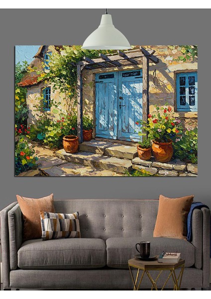 Mavi Kapılı Köy Evi Dekoratif Kanvas - Mdf Ahşap Tablo
