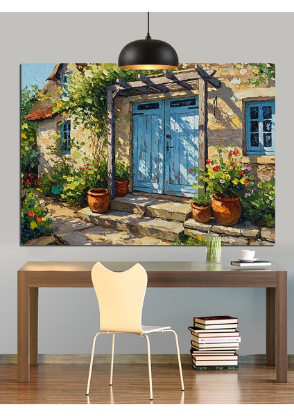 Mavi Kapılı Köy Evi Dekoratif Kanvas - Mdf Ahşap Tablo fiyatları