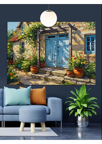 Mavi Kapılı Köy Evi Dekoratif Kanvas - Mdf Ahşap Tablo modelleri