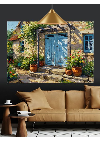 Mavi Kapılı Köy Evi Dekoratif Kanvas - Mdf Ahşap Tablo fırsatları