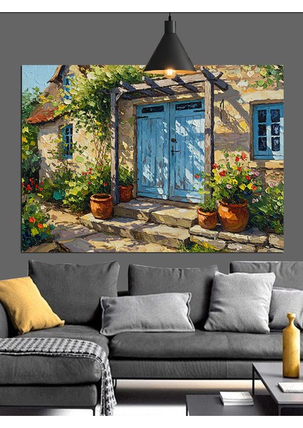 Mavi Kapılı Köy Evi Dekoratif Kanvas - Mdf Ahşap Tablo indirimleri