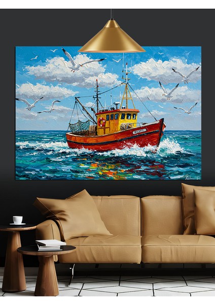 Eski Balıkçı Teknesi Denizde Dekoratif Kanvas - Mdf Ahşap Tablo