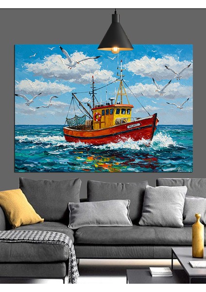 Eski Balıkçı Teknesi Denizde Dekoratif Kanvas - Mdf Ahşap Tablo fiyatları