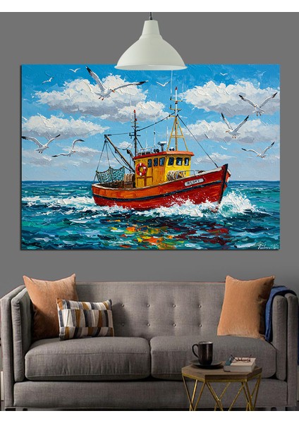 Eski Balıkçı Teknesi Denizde Dekoratif Kanvas - Mdf Ahşap Tablo modelleri
