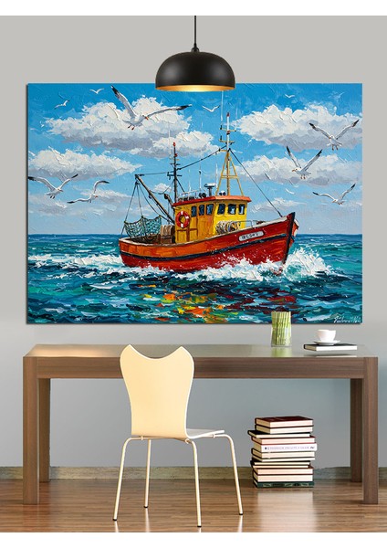 Eski Balıkçı Teknesi Denizde Dekoratif Kanvas - Mdf Ahşap Tablo fırsatları