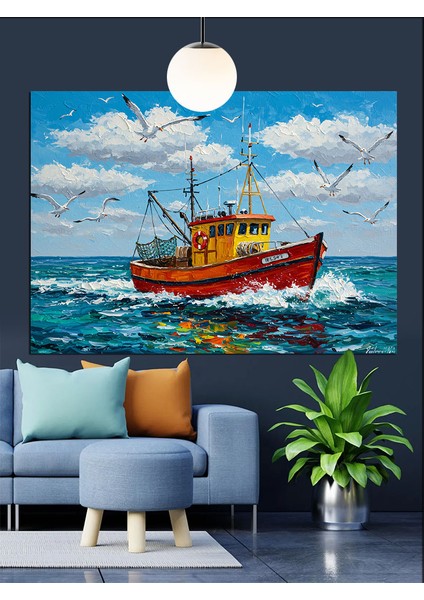 Eski Balıkçı Teknesi Denizde Dekoratif Kanvas - Mdf Ahşap Tablo indirimleri