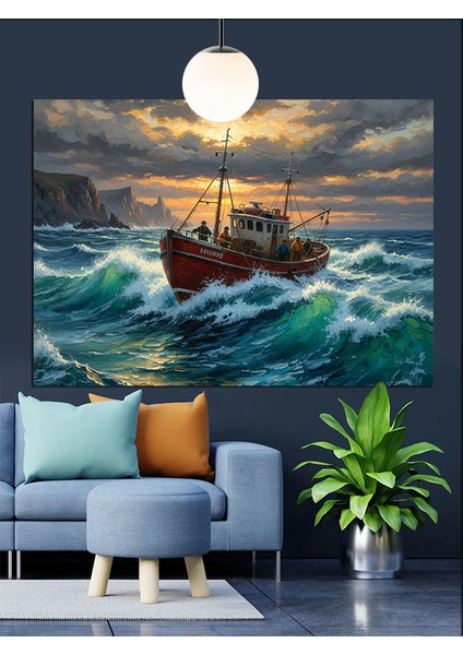 Balıkçı Gemisi Dalgalar Içinde Dekoratif Kanvas - Mdf Ahşap Tablo