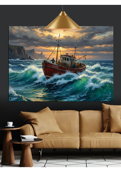 Balıkçı Gemisi Dalgalar Içinde Dekoratif Kanvas - Mdf Ahşap Tablo fiyatları