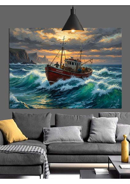 Balıkçı Gemisi Dalgalar Içinde Dekoratif Kanvas - Mdf Ahşap Tablo modelleri