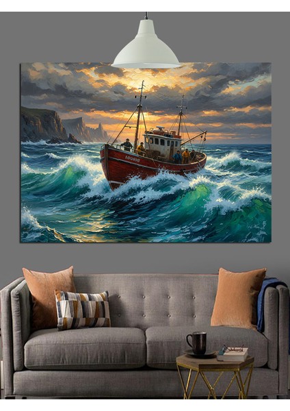 Balıkçı Gemisi Dalgalar Içinde Dekoratif Kanvas - Mdf Ahşap Tablo fırsatları