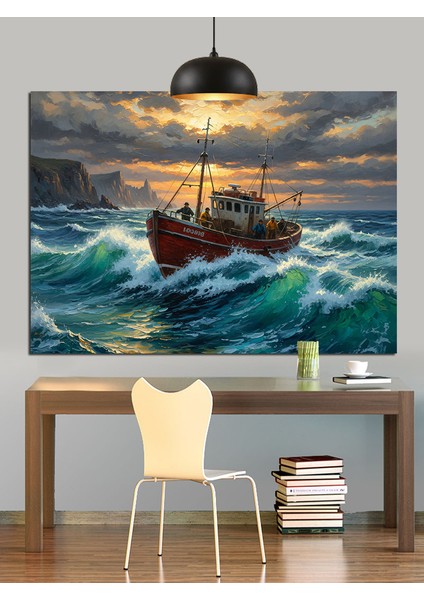 Balıkçı Gemisi Dalgalar Içinde Dekoratif Kanvas - Mdf Ahşap Tablo indirimleri