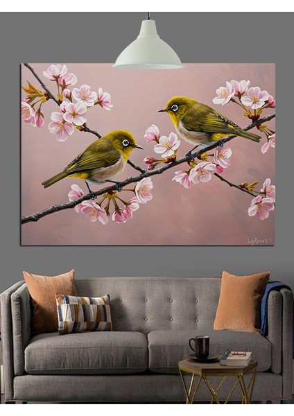 Bahar Ağacı Üzerinde Kuşlar Dekoratif Kanvas - Mdf Ahşap Tablo