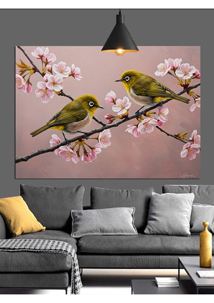 Bahar Ağacı Üzerinde Kuşlar Dekoratif Kanvas - Mdf Ahşap Tablo indirimleri