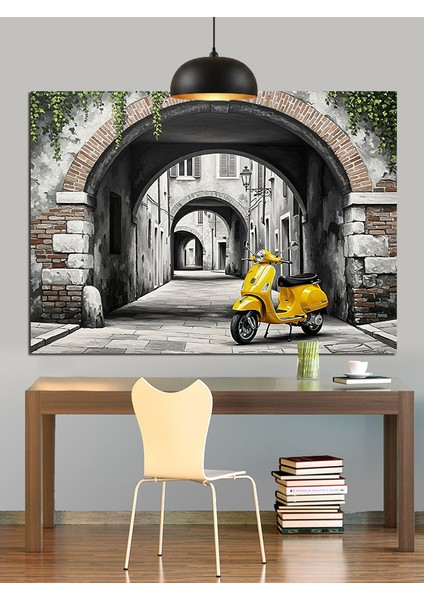 Şehirde Sarı Motosiklet Dekoratif Kanvas - Mdf Ahşap Tablo