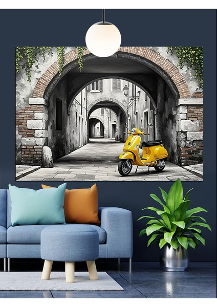 Şehirde Sarı Motosiklet Dekoratif Kanvas - Mdf Ahşap Tablo fiyatları