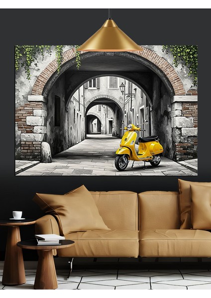 Şehirde Sarı Motosiklet Dekoratif Kanvas - Mdf Ahşap Tablo modelleri